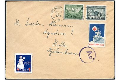 10+10 øre og 40+10 øre Landshjelpen 1943 på brev fra Frederiksted d. 20.12.1943 til Holte, Danmark. Passér stemplet Ao ved den tyske censur i Oslo. Bagklap mangler.