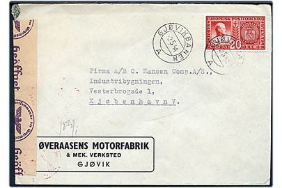 20 øre Europæisk Postforening på brev fra Gjørvik annulleret med bureaustempel Gjørvikbanen A d. 2.5.1944 til København, Danmark. Åbnet af tysk censur i Oslo.