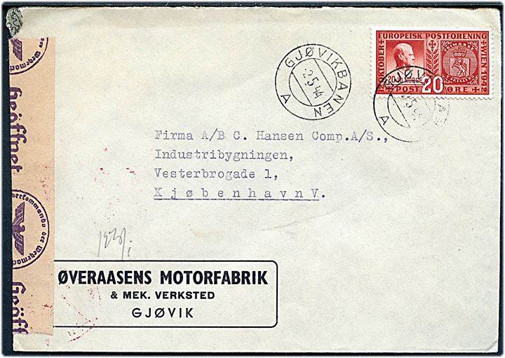 20 øre Europæisk Postforening på brev fra Gjørvik annulleret med bureaustempel Gjørvikbanen A d. 2.5.1944 til København, Danmark. Åbnet af tysk censur i Oslo.