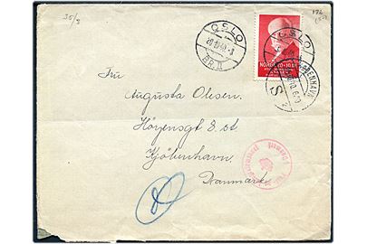 20+10 øre Nansen på brev fra Oslo d. 20.10.1940 til København, Danmark. Åbnet af tysk censur i Oslo med neutral brun banderole stemplet Geprüft * Deutsche Zensur * og passér stemplet ved censuren i København.