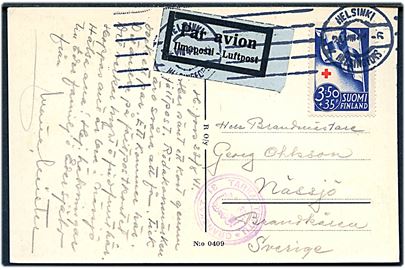 3,50 mk.+35 p. Røde Kors udg. single på brevkort (Olympiske stadion) sendt med luftpost fra Helsinki d. 24.8.1941 til Nässjö, Sverige. Finsk censur.