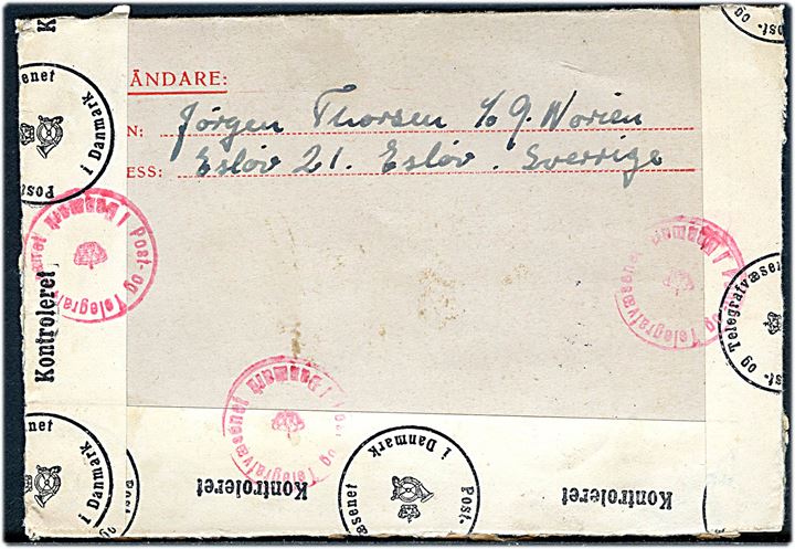 20 öre Gustaf helsagskorrespondancekort opfrankeret med 10 öre Gustaf sendt som luftpost fra Eslöv d. 12.9.1944 til Rønne, Danmark. Åbnet af dansk censur.