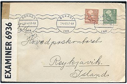5 öre og 15 öre Gustaf på brev fra Borås d. 2.4.1942 via Lissabon d. 7.4.1942 til Reykjavik, Island. Åbnet af britisk censur PC90/6936. 