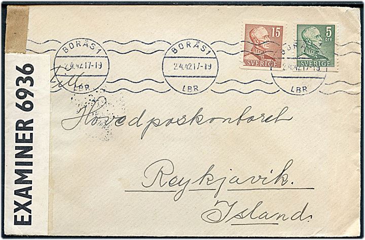 5 öre og 15 öre Gustaf på brev fra Borås d. 2.4.1942 via Lissabon d. 7.4.1942 til Reykjavik, Island. Åbnet af britisk censur PC90/6936. 