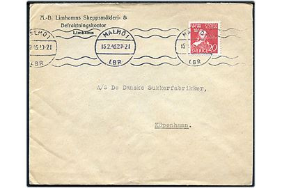 20 öre Svenska Flottan på brev fra Malmö d. 15.2.1945 til København, Danmark. Åbnet af Sønderborg-censuren med neutral brun banderole (23 mm) og intet censurstempel.