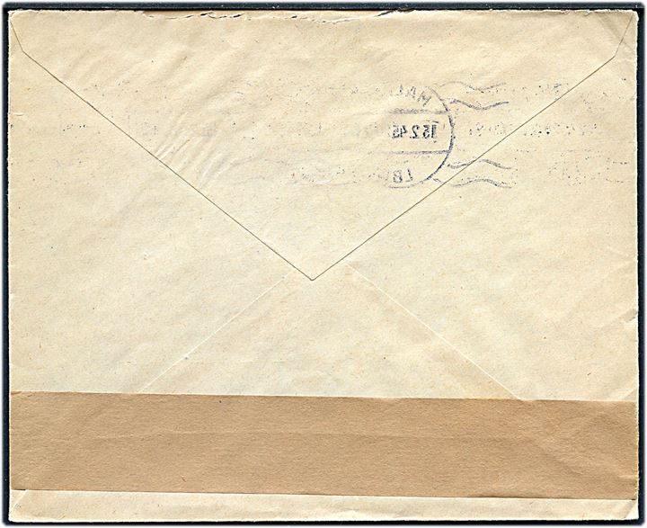 20 öre Svenska Flottan på brev fra Malmö d. 15.2.1945 til København, Danmark. Åbnet af Sønderborg-censuren med neutral brun banderole (23 mm) og intet censurstempel.