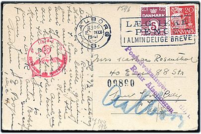 5 øre Bølgelinie og 20 øre Karavel på brevkort fra Aalborg d. 2.12.1941 til New York, USA. Tysk censur fra Berlin og returneret med 2-liniestempel: Postudvekslingen indstillet. Retur Afsenderen.