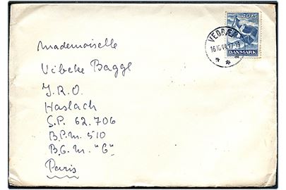 40+5 øre Frihedsfonden på brev fra Vedbæk d. 16.10.1949 til dansk kvindelig Røde Kors medarbejder ved I.R.O i Haslach (Tyskland) via fransk feltpost S.P. 62.706, B.P.M. 510, B.C.M. C, Paris, Frankrig. På bagsiden feltpoststempel Poste aux Armees d. 19.10.1949.