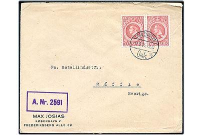 20 øre Chr. X 75 år i parstykke på brev fra København d. 1.10.1945 til Säffle, Sverige. Violet rammestempel med licens-nr. A.Nr. 2591.