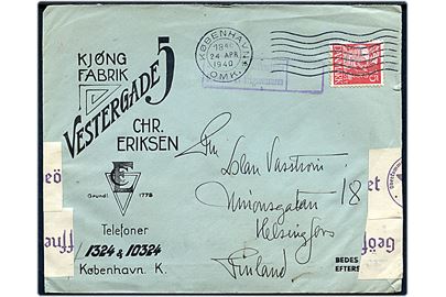 15 øre Karavel på illustreret firmakuvert fra Kjøng Fabrik i København d. 24.4.1940 til Helsingfors, Finland. Åbnet af tysk censur i Hamburg og passér stemplet ved den finske censur.