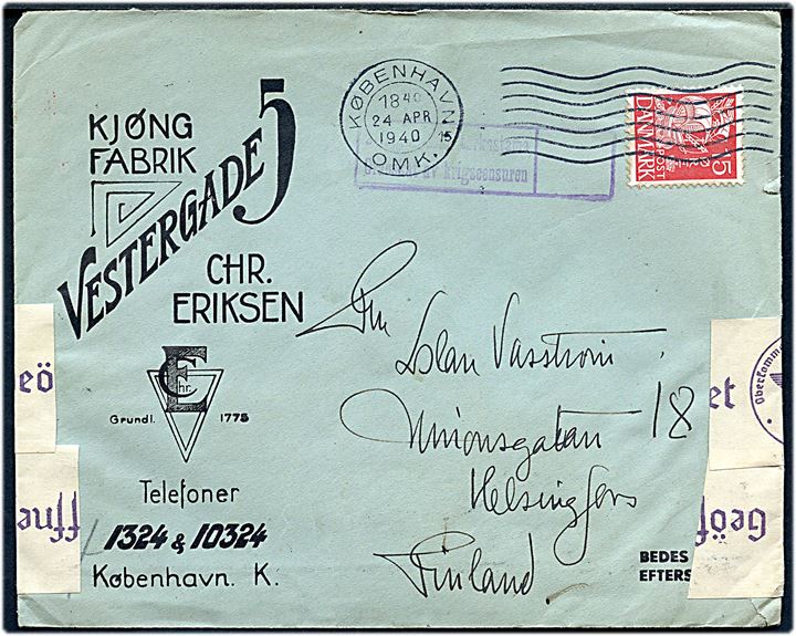 15 øre Karavel på illustreret firmakuvert fra Kjøng Fabrik i København d. 24.4.1940 til Helsingfors, Finland. Åbnet af tysk censur i Hamburg og passér stemplet ved den finske censur.