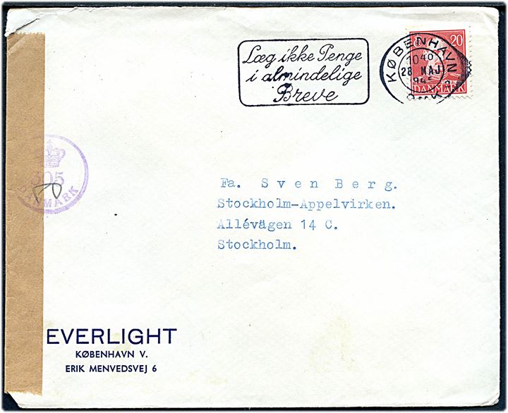 20 øre Chr. X på brev fra København d. 28.5.1945 til Stockholm, Sverige. Åbnet af dansk efterkrigscensur med neutral brun banderole stemplet (krone)/305/Danmark med signatur.