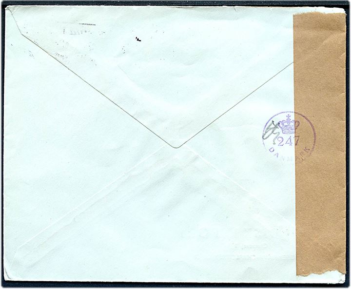 20 øre Chr. X på brev fra København d. 28.5.1945 til Stockholm, Sverige. Åbnet af dansk efterkrigscensur med neutral brun banderole stemplet (krone)/247/Danmark med signatur.