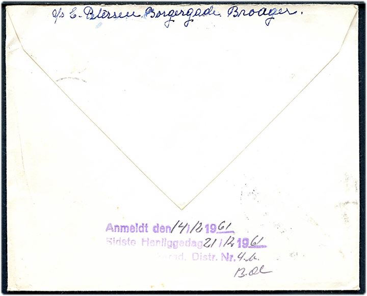 20 øre Fr. IX og Julemærke på underfrankeret brev fra Broager d. 13.12.1961 til Birkerød. Udtakseret i porto med 20 øre Portomærke stemplet Birkerød d. 14.12.1961. På bagsiden stemplet Anmeldt ved Birkerød postkontor. 
