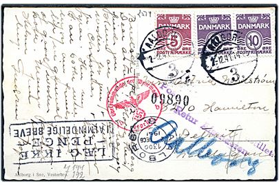 5 øre og 10 øre (par) Bølgelinie på brevkort fra Aalborg d. 2.12.1941 til Detroit, USA. Tysk censur fra Berlin og returneret med 2-liniestempel: Postudvekslingen indstillet. Retur Afsenderen.