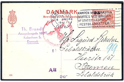 25/20 øre provisorisk helsagsbrevkort (fabr. 133) fra København d. 6.4.1941 til Bremen, Tyskland. Tysk censur fra Hamburg.