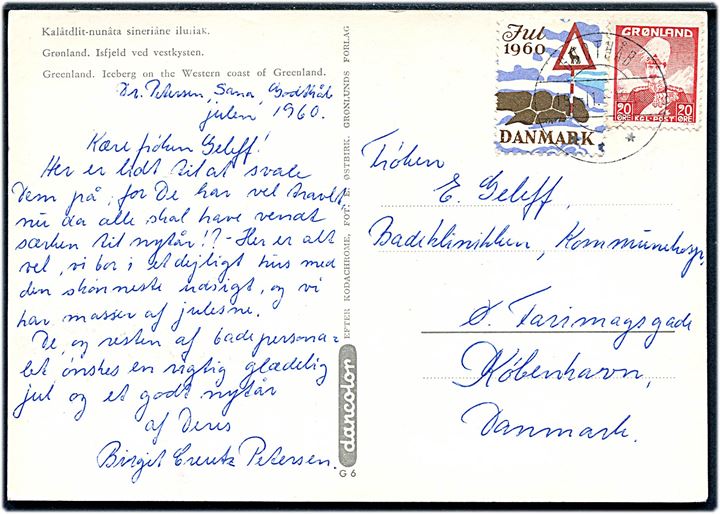 20 øre Chr. X og dansk Julemærke 1960 på brevkort (Isfjeld ved Grønlands vestkyst) fra Godthåb d. 19.11.1960 til København.