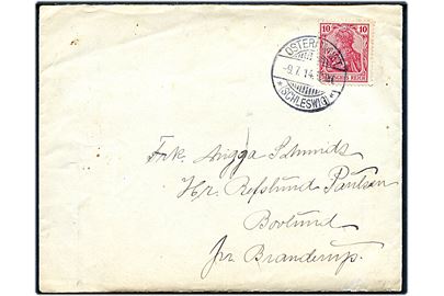 10 pfg. Germania på brev med indhold annulleret Osterlinnet *(Schleswig)* d. 9.7.1914 til Bramdrup. På bagsiden Fædrejord og Fædrearv mærkat.
