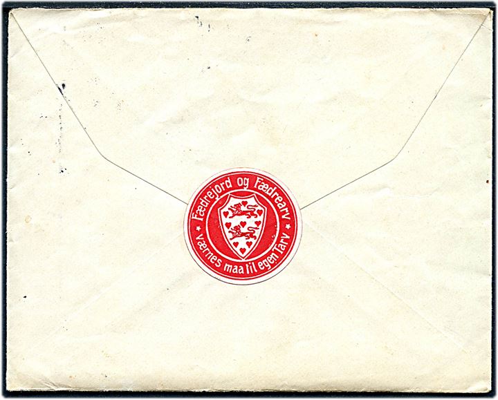 10 pfg. Germania på brev med indhold annulleret Osterlinnet *(Schleswig)* d. 9.7.1914 til Bramdrup. På bagsiden Fædrejord og Fædrearv mærkat.