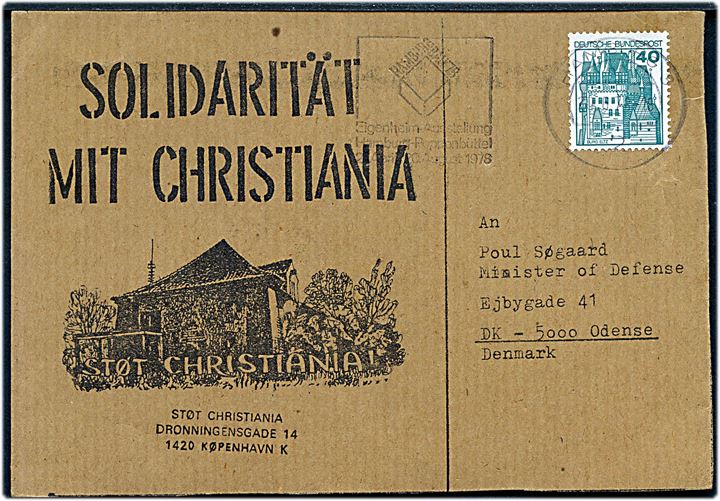 Solidarität mit Christiania tysk protest-brevkort fra Hamburg d. 20.6.1978 til forsvarsminister Poul Søgaard i Odense.