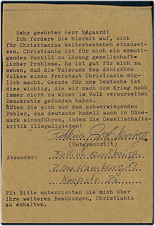 Solidarität mit Christiania tysk protest-brevkort fra Hamburg d. 20.6.1978 til forsvarsminister Poul Søgaard i Odense.