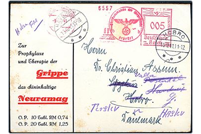 5 pfg. firmafranko på reklame postkort for Grippe Neuramag tabeletter fra Berlin Tempelhof d. 9.12.1941 til Hobro, Danmark - eftersendt til Havdrup og siden haslev. Tysk censur fra Berlin.
