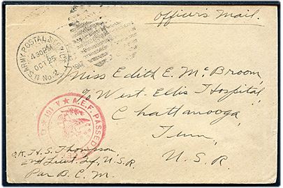 Ufrankeret amerikansk feltpostbrev mærket Officers Mail stemplet U. S. Army Postal Service No. 2 (= Paris) d. 25.10.1917 til Chattanooga, USA. Rødt censurstempel no. A161.