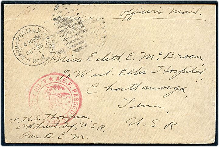 Ufrankeret amerikansk feltpostbrev mærket Officers Mail stemplet U. S. Army Postal Service No. 2 (= Paris) d. 25.10.1917 til Chattanooga, USA. Rødt censurstempel no. A161.