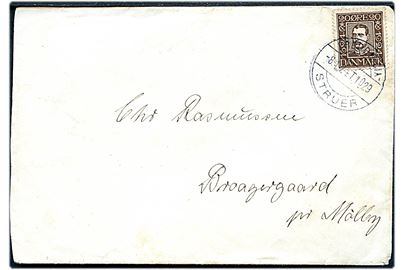 20 øre Chr. X Postjubilæum på brev fra Tarm annulleret med fejlindstillet bureaustempel Fredericia - Struer T.1029 d. 8.1.1924 (Skal være 1925) til Mølby.