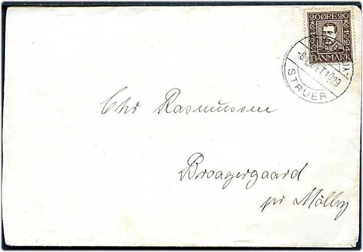 20 øre Chr. X Postjubilæum på brev fra Tarm annulleret med fejlindstillet bureaustempel Fredericia - Struer T.1029 d. 8.1.1924 (Skal være 1925) til Mølby.