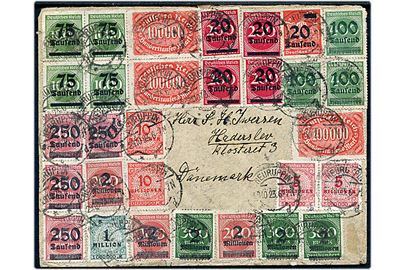 45 mio. mk. blandingsfrankering med 30 infla udg. sendt som 2. vægtkl. brev fra Neuruppin d. 29.10.1923 til Haderslev, Danmark. Korrekt udlandsporto 20-40 gr. (20.-31.10.1923).