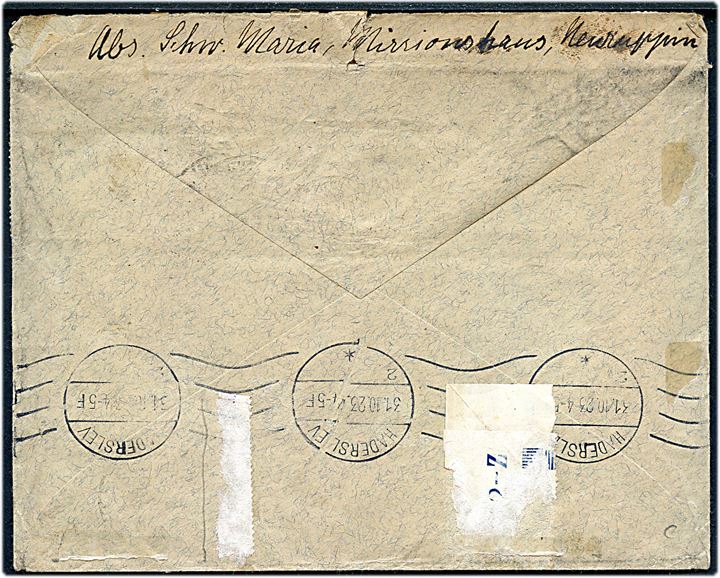45 mio. mk. blandingsfrankering med 30 infla udg. sendt som 2. vægtkl. brev fra Neuruppin d. 29.10.1923 til Haderslev, Danmark. Korrekt udlandsporto 20-40 gr. (20.-31.10.1923).