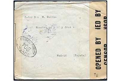 5 c. på bagsiden af brev annulleret med med svagt stempel til Madrid, Spanien. Åbnet af amerikansk censur no. 388 og fransk censur no. 904 i London. 