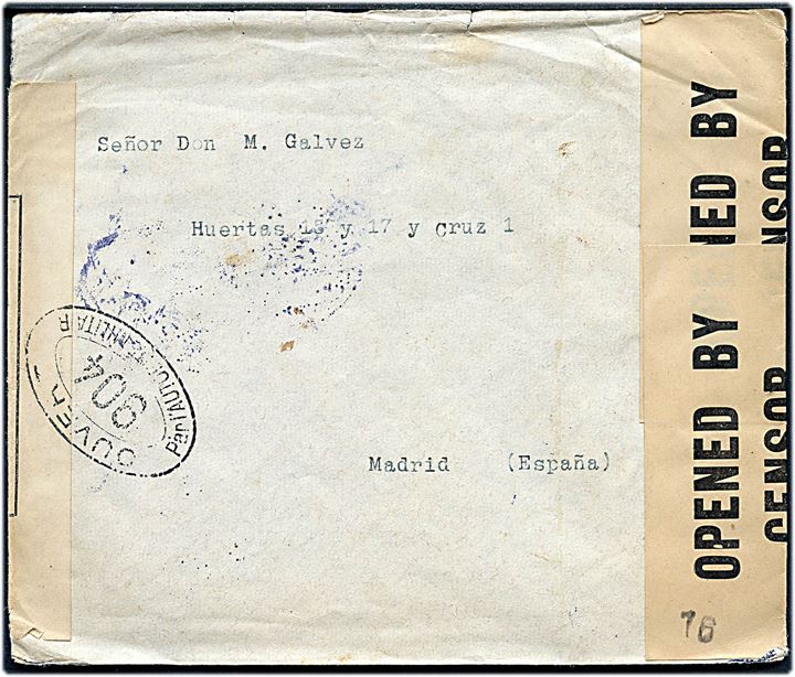 5 c. på bagsiden af brev annulleret med med svagt stempel til Madrid, Spanien. Åbnet af amerikansk censur no. 388 og fransk censur no. 904 i London. 