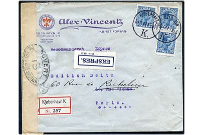 20 øre Chr. X (3 - ene defekt) på 60 øre fortrykt kuvert fra firma Alex. Vincent sendt som anbefalet ekspresbrev fra Kjøbenhavn d. 25.4.1917 til Paris, Frankrig. Åbnet af fransk censur i Dieppe med censorstempel no. 13.