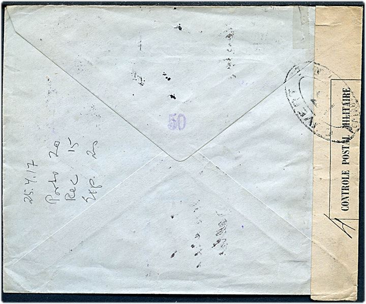 20 øre Chr. X (3 - ene defekt) på 60 øre fortrykt kuvert fra firma Alex. Vincent sendt som anbefalet ekspresbrev fra Kjøbenhavn d. 25.4.1917 til Paris, Frankrig. Åbnet af fransk censur i Dieppe med censorstempel no. 13.