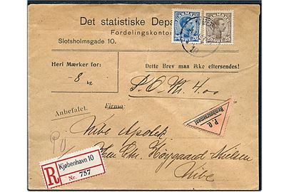 20 øre og 25 øre Chr. X på anbefalet brev med postopkrævning fra Kjøbenhavn d. 4.7.1919 til Nibe.