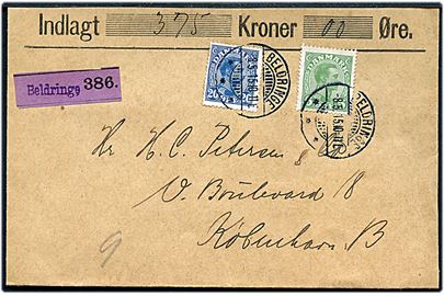 5 øre og 20 øre Chr. X på værdibrev annulleret brotype Ia Bellinge d. 8.5.1915 til København. Del af bagside mangler. 