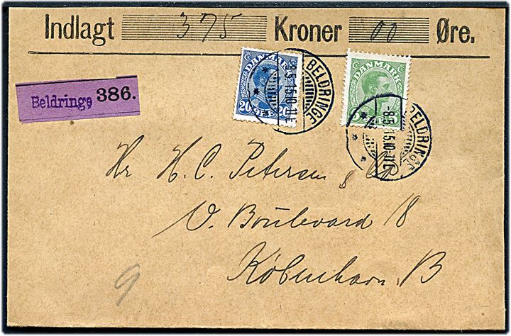 5 øre og 20 øre Chr. X på værdibrev annulleret brotype Ia Bellinge d. 8.5.1915 til København. Del af bagside mangler. 