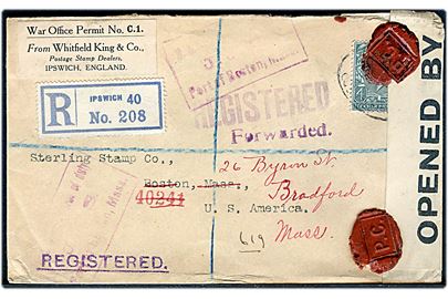 4d George V på anbefalet brev fra Ipswich d. 2.11.1917 til Boston, USA - eftersendt til Bradford. Påsat etiket War Office Permit No. C.1. label og åbnet af censur no. 3347 med laksegl P.C. (Postal Censor).