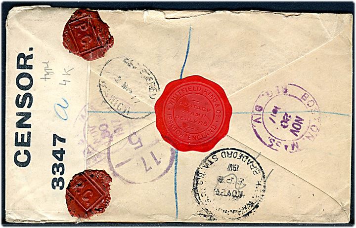 4d George V på anbefalet brev fra Ipswich d. 2.11.1917 til Boston, USA - eftersendt til Bradford. Påsat etiket War Office Permit No. C.1. label og åbnet af censur no. 3347 med laksegl P.C. (Postal Censor).