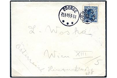 20 øre Chr. X på brev annulleret med stjernestempel SØNDERSØ og sidestemplet Odense d. 21.8.1920 til Wien, Østrig.