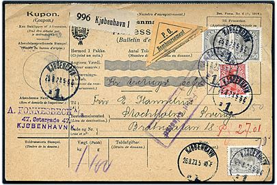 25 øre og 50 øre (3) Chr. X på internationalt adressekort for pakke med postopkrævning fra Kjøbenhavn d. 25.8.1923 til Stockholm, Sverige.