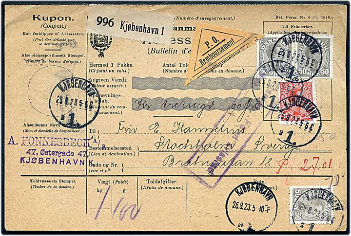25 øre og 50 øre (3) Chr. X på internationalt adressekort for pakke med postopkrævning fra Kjøbenhavn d. 25.8.1923 til Stockholm, Sverige.