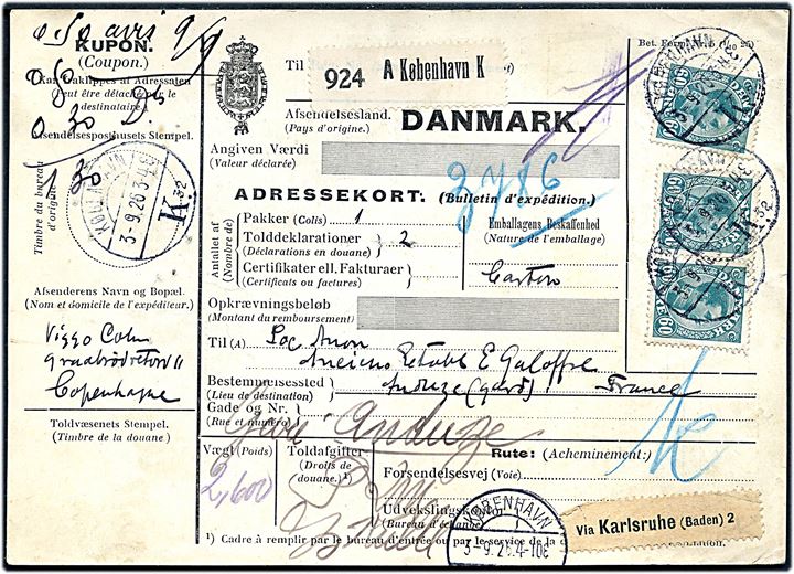 60 øre Chr. X (3) på 180 øre frankeret internationalt adressekort for pakke fra København d. 3.9.1926 via Berlin til Anduze, Frankrig.