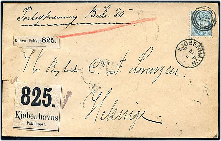 20 øre Våben single på brev med postopkrævning annulleret med Esrom-type stempel K3 og sidestemplet lapidar Kjøbenhavn PP d. 23.8.(1888) til Helsinge. På bagsiden ank.stemplet lapidar Helsinge d. 24.8.(1888). Meget tidlig anvendelse af Esrom-type stempel som jf. Skilling blev tildelt i 1883, men først registreret anvendt i 1899.