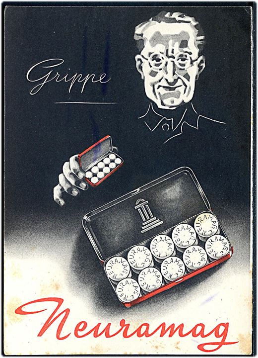 5 pfg. firmafranko på reklame postkort for Grippe Neuramag tabeletter fra Berlin Tempelhof d. 9.12.1941 til Hobro, Danmark - eftersendt til Havdrup og siden haslev. Tysk censur fra Berlin.