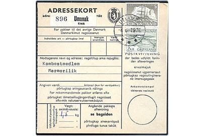 2 kr. Narhval og 5 kr. Ishavsskib på adressekort for indenrigspakke fra Umanak d. 8.6.1976 til Marmorilik. 