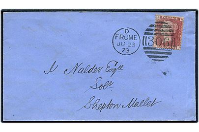 1d Victoria tryk 138 på brev annulleret med duplex Frome/306 d. 23.6.1873 til Shepton Mallet.