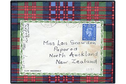 2½d George VI på illustreret klan-kuvert Clan Macdonald fra Kirkcaldy, Fife i Scotland 1947 til Paporod, North Auckland, New Zealand.